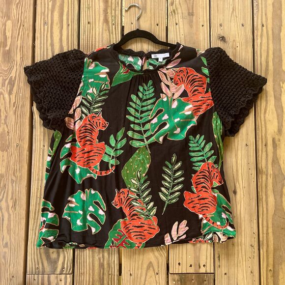 DR2 Tropical Crochet Sleeve Flowy Blouse Top - Jungle Floral - Resort Wear - XXL - Picture 1 of 5